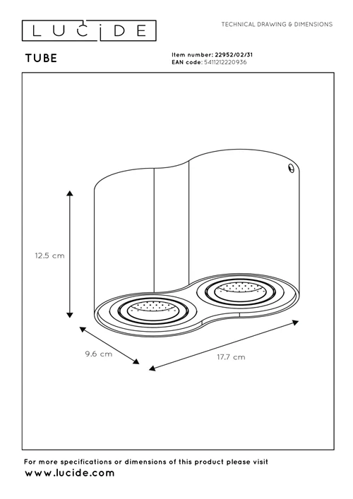 Lucide TUBE - Foco de techo - 2xGU10 - Blanco - técnico